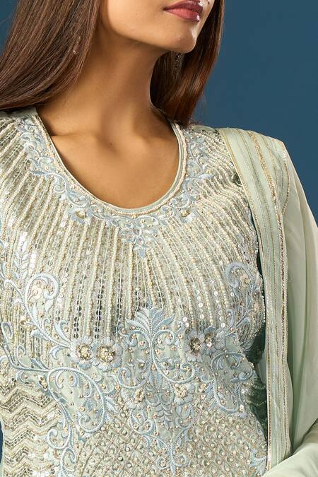 Samyukta Singhania_Blue Crepe, Silk, Organza Embroidery, Sequins, Beads, Hand Kurta Sharara Set _at_Aza_Fashions