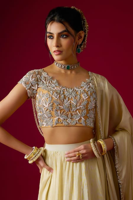 Buy_RAYASHA KHAN_Gold Silk, Tissue, Net, Chiffon Zari, Nora Lehenga Set With Back Blouse _Online_at_Aza_Fashions