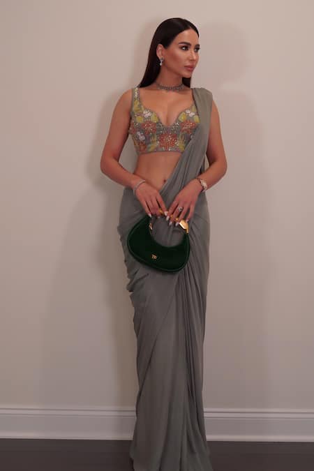 Neha Khullar Solid Pre Draped Saree With Embroidered Blouse 