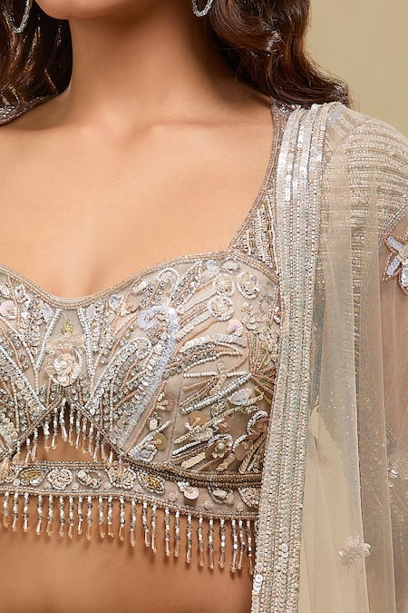 Azeera_Peach Net Embroidery, Sequins, Zari, Beads Sweetheart Neck Light Lehenga Set _Online_at_Aza_Fashions