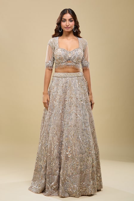 Buy_Azeera_Peach Net Embroidery, Sequins, Zari, Beads Sweetheart Neck Light Lehenga Set _Online_at_Aza_Fashions