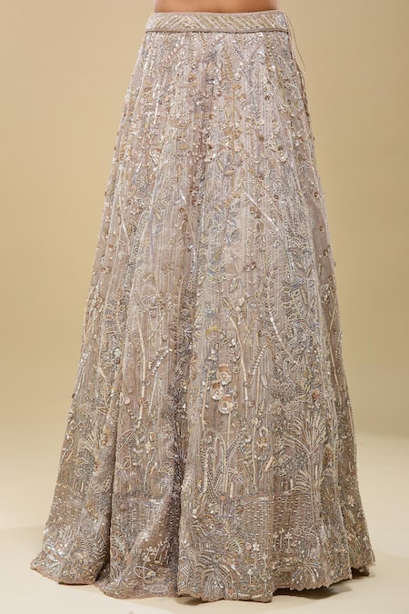 Shop_Azeera_Peach Net Embroidery, Sequins, Zari, Beads Sweetheart Neck Light Lehenga Set _Online_at_Aza_Fashions