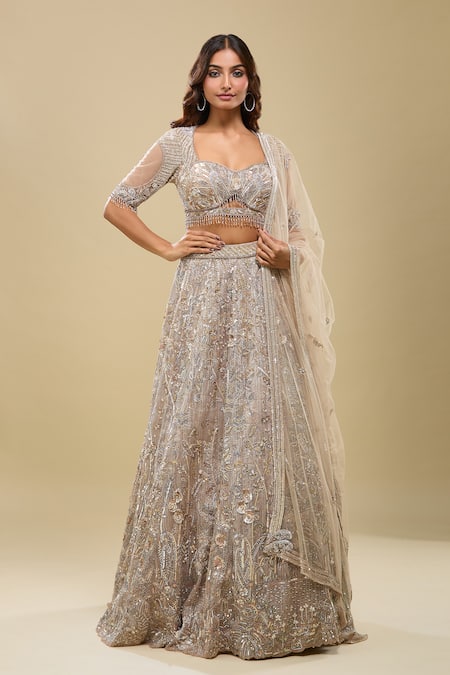 Azeera_Peach Net Embroidery, Sequins, Zari, Beads Sweetheart Neck Light Lehenga Set _at_Aza_Fashions