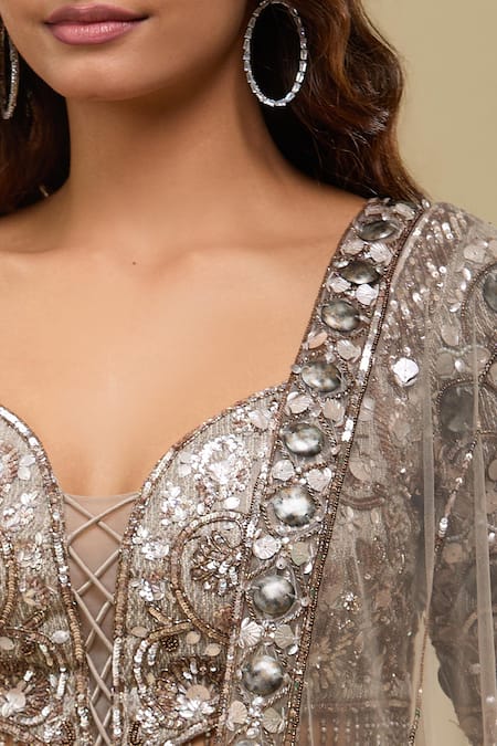 Azeera_Brown Net Sequins, Embroidery, Mirrors Sweetheart Neck Light Lehenga Set _Online_at_Aza_Fashions