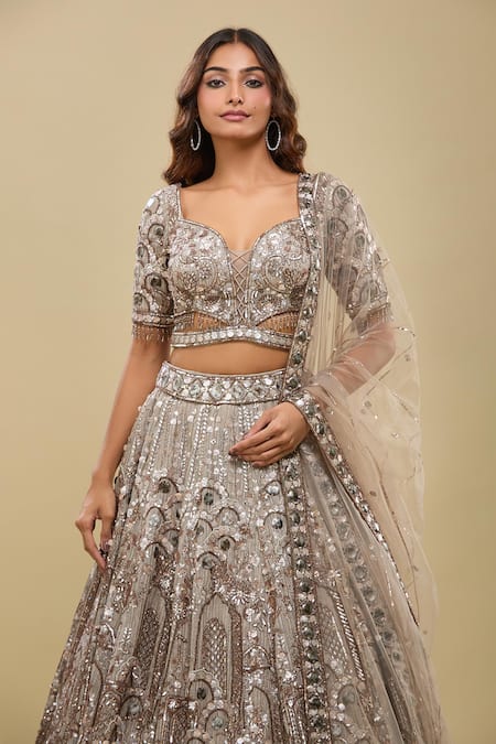 Buy_Azeera_Brown Net Sequins, Embroidery, Mirrors Sweetheart Neck Light Lehenga Set _Online_at_Aza_Fashions