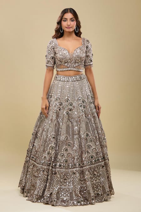 Shop_Azeera_Brown Net Sequins, Embroidery, Mirrors Sweetheart Neck Light Lehenga Set _Online_at_Aza_Fashions