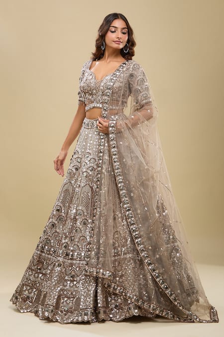 Azeera_Brown Net Sequins, Embroidery, Mirrors Sweetheart Neck Light Lehenga Set _at_Aza_Fashions