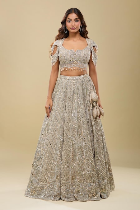 Azeera_Beige Embroidery, Sequins, Zari, Beads Sweetheart Neck Gold Lehenga Set _Online_at_Aza_Fashions