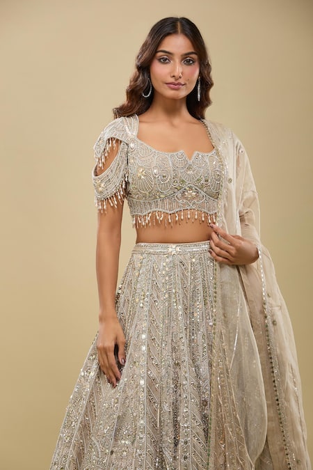 Buy_Azeera_Beige Embroidery, Sequins, Zari, Beads Sweetheart Neck Gold Lehenga Set _Online_at_Aza_Fashions