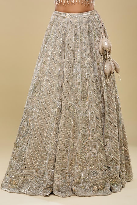 Azeera_Beige Embroidery, Sequins, Zari, Beads Sweetheart Neck Gold Lehenga Set _at_Aza_Fashions