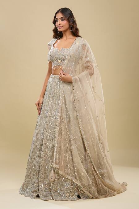 Buy_Azeera_Beige Embroidery, Sequins, Zari, Beads Sweetheart Neck Gold Lehenga Set 