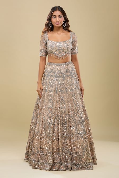 Azeera_Peach Net Embroidery, Sequins Square Neck Light Lehenga Set _Online_at_Aza_Fashions