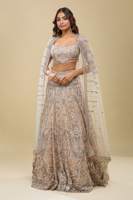 Buy_Azeera_Peach Net Embroidery, Sequins Square Neck Light Lehenga Set _Online_at_Aza_Fashions
