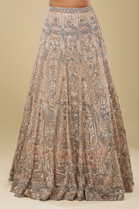 Azeera_Peach Net Embroidery, Sequins Square Neck Light Lehenga Set _at_Aza_Fashions