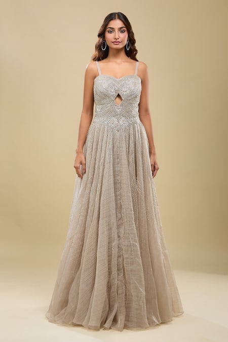 Azeera_Beige Beads, Embroidery, Crystals Sweetheart Neck Gown _Online_at_Aza_Fashions