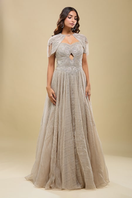 Shop_Azeera_Beige Beads, Embroidery, Crystals Sweetheart Neck Gown _Online_at_Aza_Fashions