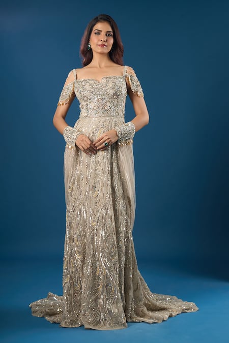 Buy_Azeera_Gold Sequins, Beads, Embroidery Sweetheart Neck Gown With Veil _Online_at_Aza_Fashions