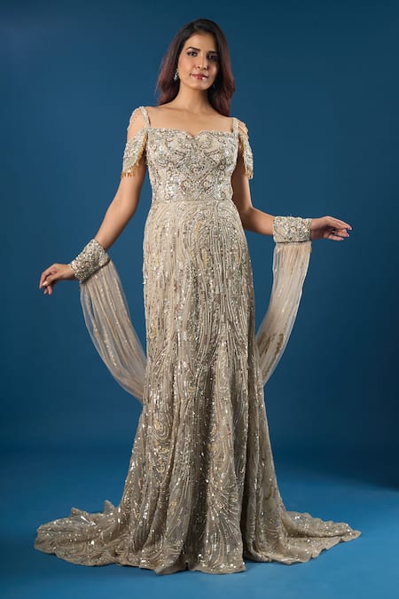 Shop_Azeera_Gold Sequins, Beads, Embroidery Sweetheart Neck Gown With Veil _Online_at_Aza_Fashions