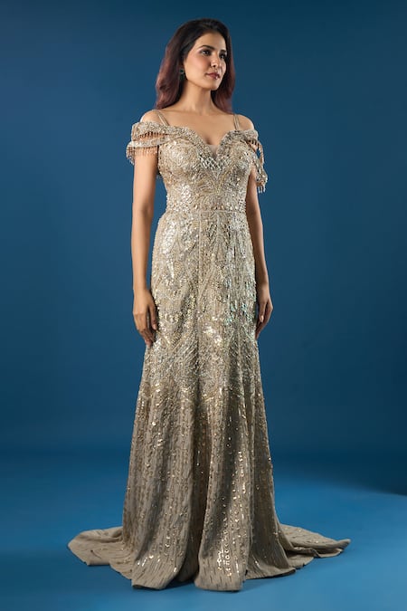 Azeera_Gold Sequins, Beads, Embroidery V-neck, Off-shoulder Tonal Gown _Online_at_Aza_Fashions