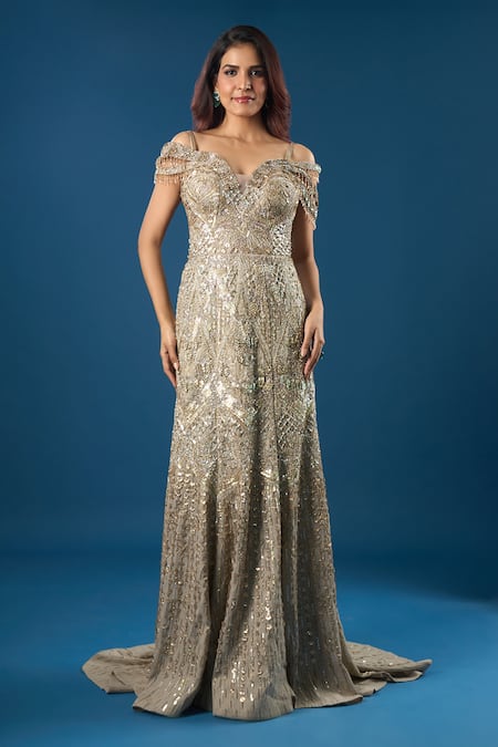 Buy_Azeera_Gold Sequins, Beads, Embroidery V-neck, Off-shoulder Tonal Gown _Online_at_Aza_Fashions
