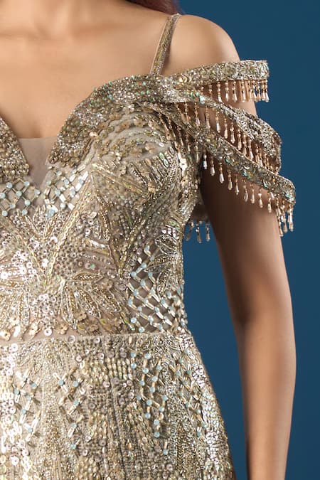 Shop_Azeera_Gold Sequins, Beads, Embroidery V-neck, Off-shoulder Tonal Gown _Online_at_Aza_Fashions