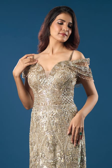 Azeera_Gold Sequins, Beads, Embroidery V-neck, Off-shoulder Tonal Gown _at_Aza_Fashions