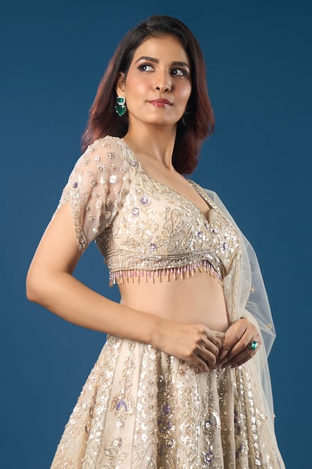 Azeera_Ivory Net Embroidery, Sequins, Zari, Beads Sweetheart Neck Lehenga Set _Online_at_Aza_Fashions