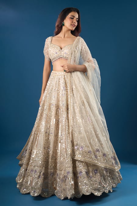 Buy_Azeera_Ivory Net Embroidery, Sequins, Zari, Beads Sweetheart Neck Lehenga Set _Online_at_Aza_Fashions