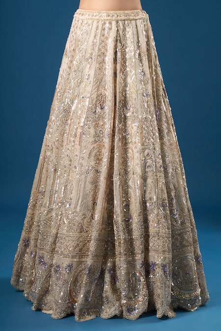 Buy_Azeera_Ivory Net Embroidery, Sequins, Zari, Beads Sweetheart Neck Lehenga Set 