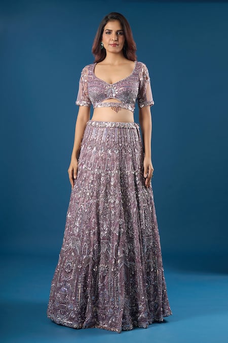 Shop_Azeera_Purple Net Sequins, Embroidery, Beads Sweetheart Neck Lavender Lehenga Set _Online_at_Aza_Fashions