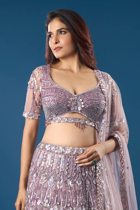 Azeera_Purple Net Sequins, Embroidery, Beads Sweetheart Neck Lavender Lehenga Set _at_Aza_Fashions