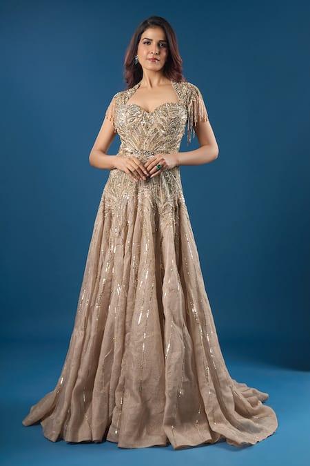 Azeera Champagne Embroidered Gown