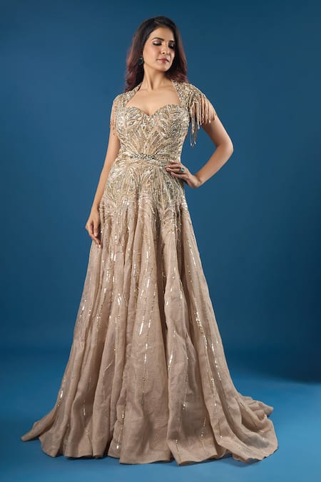 Azeera_Gold Embroidery, Sequins, Beads Sweetheart Neck Champagne Gown _Online_at_Aza_Fashions