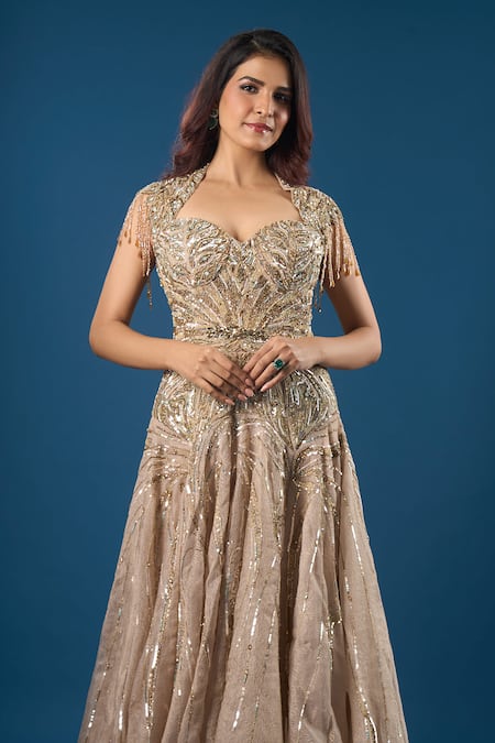 Buy_Azeera_Gold Embroidery, Sequins, Beads Sweetheart Neck Champagne Gown _Online_at_Aza_Fashions