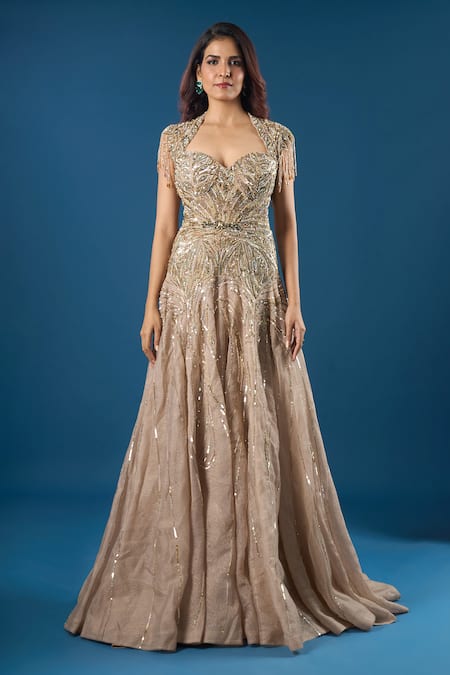 Shop_Azeera_Gold Embroidery, Sequins, Beads Sweetheart Neck Champagne Gown _Online_at_Aza_Fashions