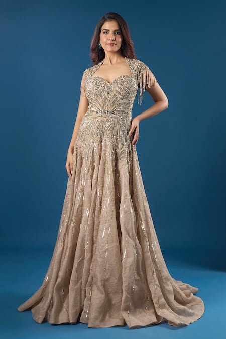 Azeera_Gold Embroidery, Sequins, Beads Sweetheart Neck Champagne Gown _at_Aza_Fashions