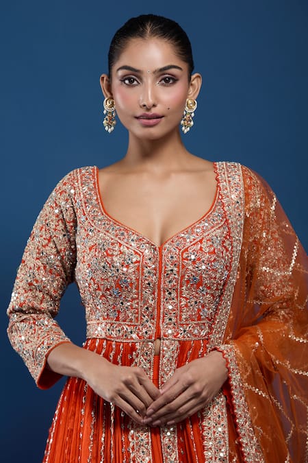 Samyukta Singhania_Orange Georgette Sequins, Embroidery, Mirrors V-neck Anarkali Lehenga Set _Online_at_Aza_Fashions