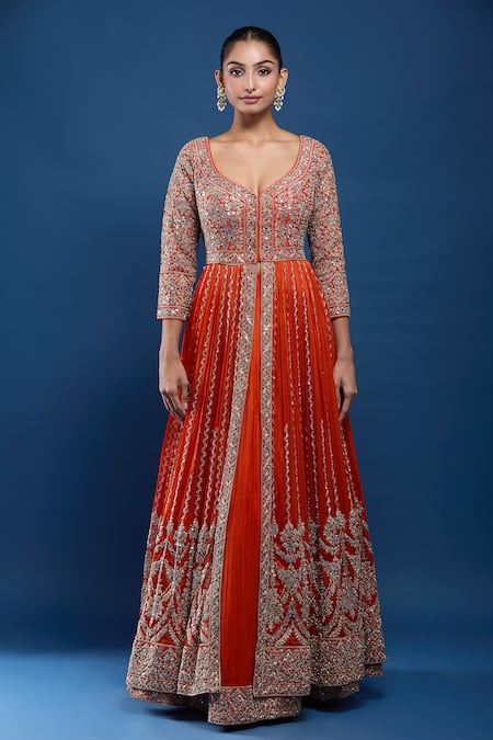 Buy_Samyukta Singhania_Orange Georgette Sequins, Embroidery, Mirrors V-neck Anarkali Lehenga Set _Online_at_Aza_Fashions