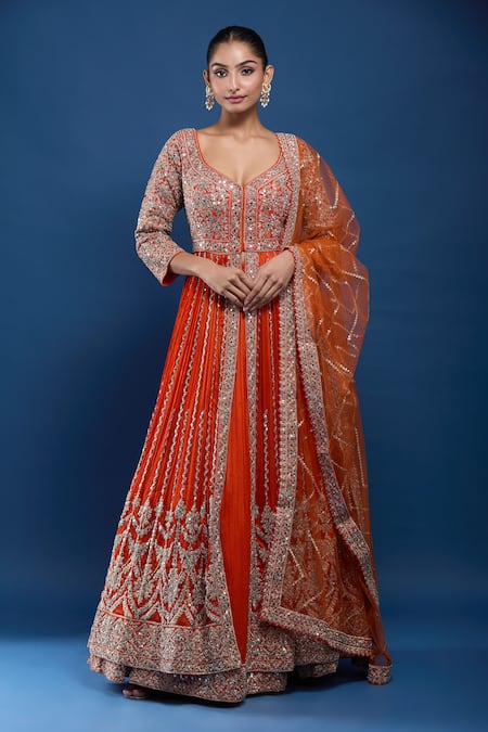 Shop_Samyukta Singhania_Orange Georgette Sequins, Embroidery, Mirrors V-neck Anarkali Lehenga Set _Online_at_Aza_Fashions