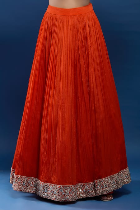 Samyukta Singhania_Orange Georgette Sequins, Embroidery, Mirrors V-neck Anarkali Lehenga Set _at_Aza_Fashions