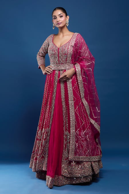 Samyukta Singhania Pink Georgette Sequins, Metallic Thread, Embroidery, Zari Anarkali Lehenga Set at Aza Fashions Samyukta Singhania_Pink Georgette Sequins, Metallic Thread, Embroidery, Zari Anarkali Lehenga Set _at_Aza_Fashions