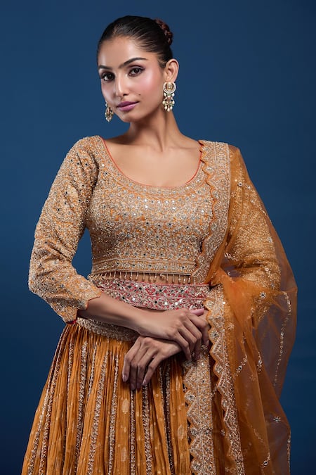 Samyukta Singhania Orange Tissue Sequins, Embroidery, Metallic Thread, Zari, Blouse Lehenga Set Online at Aza Fashions Samyukta Singhania_Orange Tissue Sequins, Embroidery, Metallic Thread, Zari, Blouse Lehenga Set _Online_at_Aza_Fashions