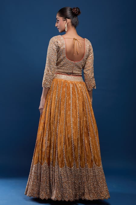 Shop Samyukta Singhania Orange Tissue Sequins, Embroidery, Metallic Thread, Zari, Blouse Lehenga Set at Aza Fashions Shop_Samyukta Singhania_Orange Tissue Sequins, Embroidery, Metallic Thread, Zari, Blouse Lehenga Set _at_Aza_Fashions
