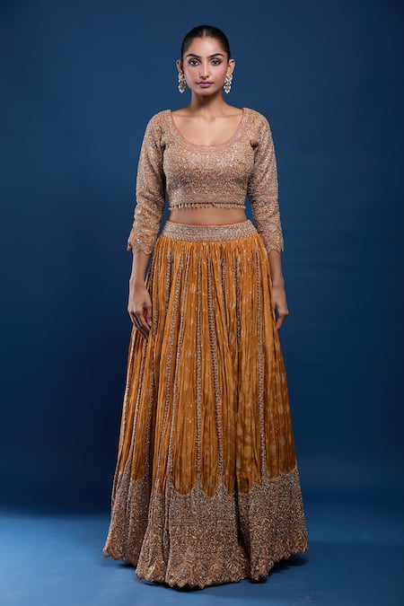 Shop Samyukta Singhania Orange Tissue Sequins, Embroidery, Metallic Thread, Zari, Blouse Lehenga Set Online at Aza Fashions Shop_Samyukta Singhania_Orange Tissue Sequins, Embroidery, Metallic Thread, Zari, Blouse Lehenga Set _Online_at_Aza_Fashions