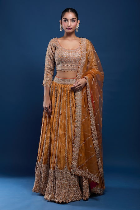 Samyukta Singhania Orange Tissue Sequins, Embroidery, Metallic Thread, Zari, Blouse Lehenga Set 