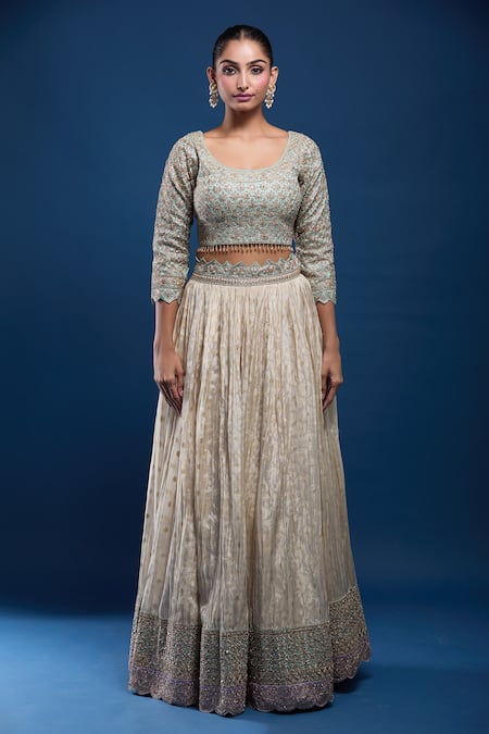 Buy_Samyukta Singhania_Green Taffeta, Tissue Embroidery, Sequins, Beads, Zari Round Blouse Lehenga Set _Online_at_Aza_Fashions