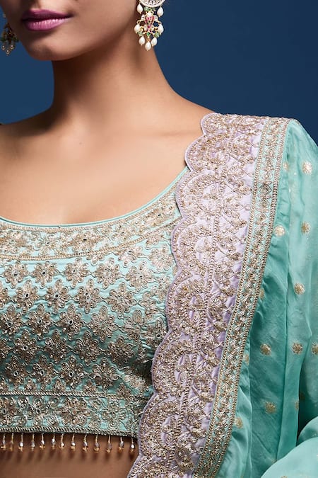 Shop_Samyukta Singhania_Green Taffeta, Tissue Embroidery, Sequins, Beads, Zari Round Blouse Lehenga Set _Online_at_Aza_Fashions