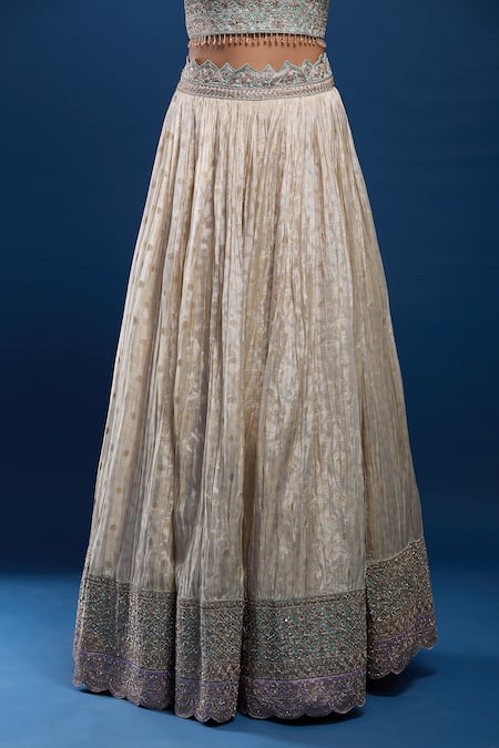 Samyukta Singhania_Green Taffeta, Tissue Embroidery, Sequins, Beads, Zari Round Blouse Lehenga Set _at_Aza_Fashions