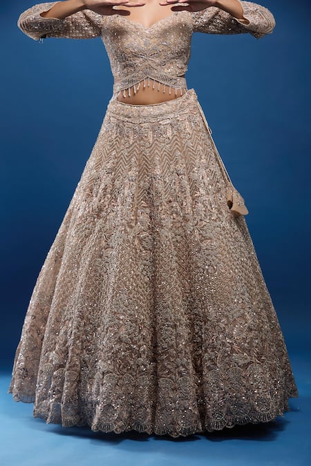 Buy_Samyukta Singhania_Gold Net Sequins, Embroidery, Zari, Beads Sweetheart Neck Lehenga Set_Online_at_Aza_Fashions