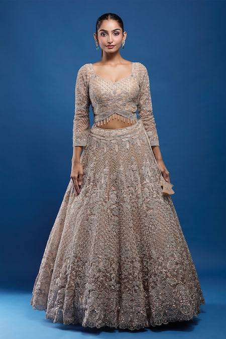 Shop_Samyukta Singhania_Gold Net Sequins, Embroidery, Zari, Beads Sweetheart Neck Lehenga Set_Online_at_Aza_Fashions